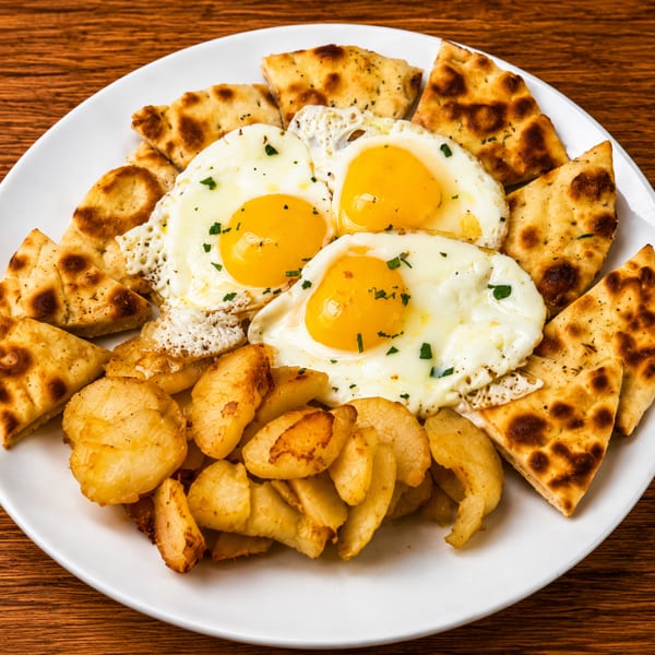A white plate with three fried eggs, roasted potatoes, and pita bread on a wooden table.