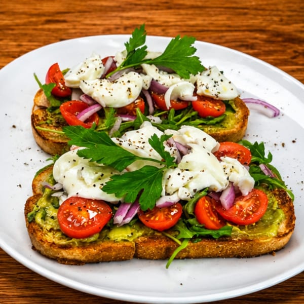 Two avocado toasts with cherry tomatoes, red onion, mozzarella, and parsley on a white plate.