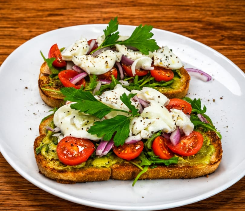 Two avocado toasts with cherry tomatoes, red onion, mozzarella, and parsley on a white plate.