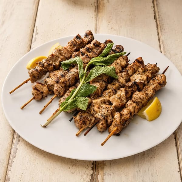 Grilled chicken souvlaki skewers with lemon wedges and fresh mint on a white plate.