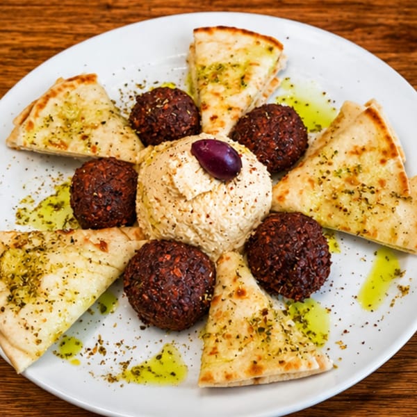 A white plate with hummus, falafel, pita bread, olive, and olive oil drizzle.
