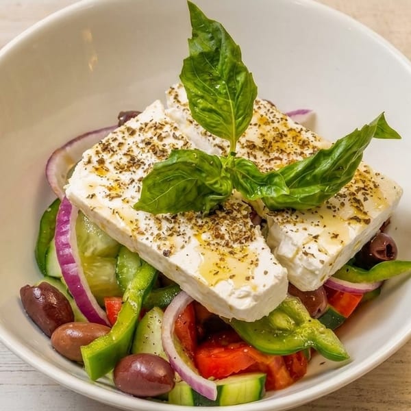 A fresh Greek salad with feta cheese, olives, cucumbers, tomatoes, and red onions.