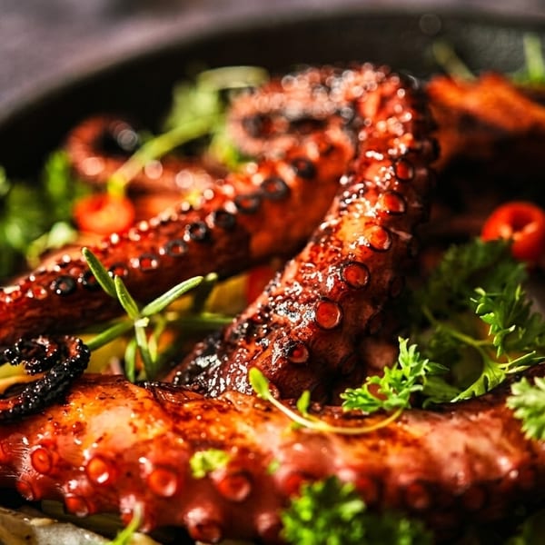 Grilled octopus tentacles with herbs, lemon, and chili in a dark cast iron pan.