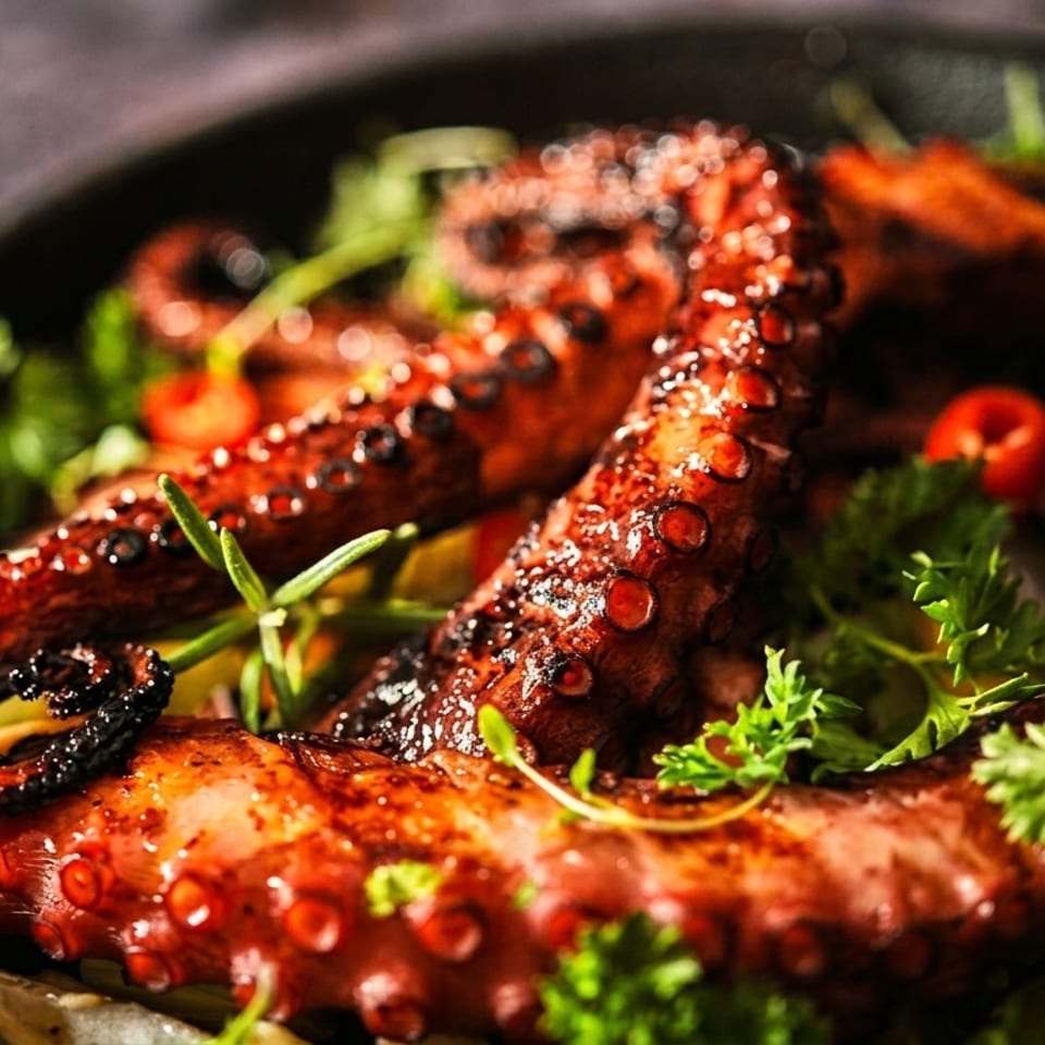 Grilled octopus tentacles with herbs, lemon, and chili in a dark cast iron pan.