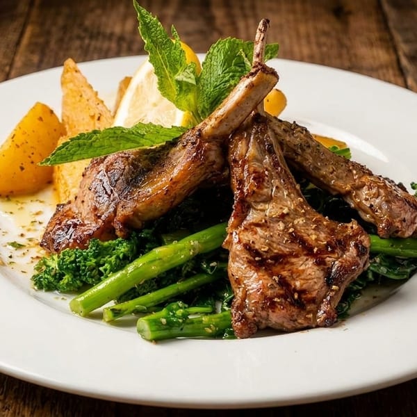 Grilled lamb chops with roasted potatoes, broccoli, asparagus, and a lemon-mint garnish on a white plate.
