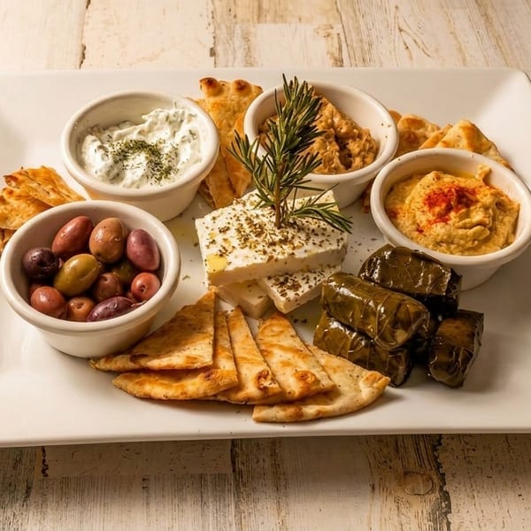 A white rectangular platter filled with Greek appetizers including olives, feta, hummus, tzatziki, and pita bread.