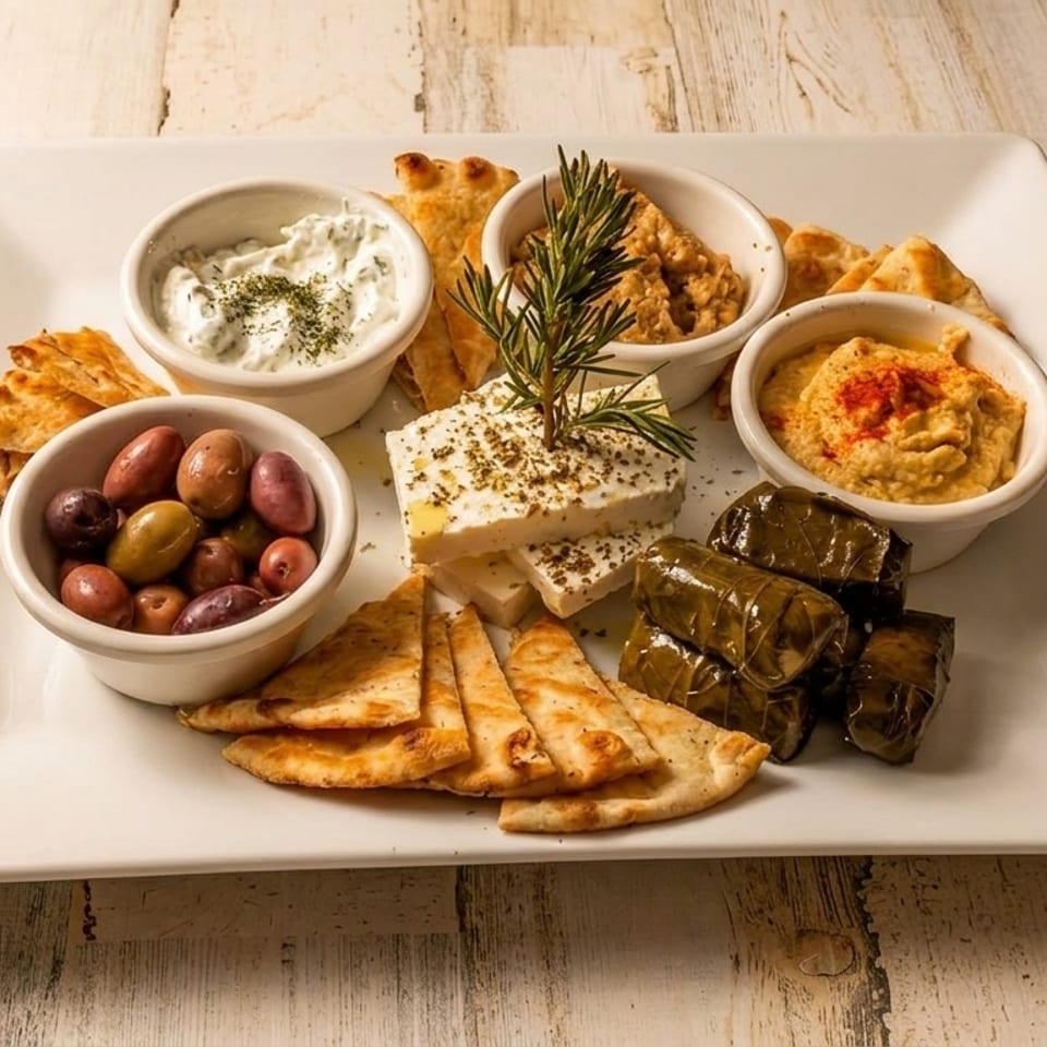 A white rectangular platter filled with Greek appetizers including olives, feta, hummus, tzatziki, and pita bread.