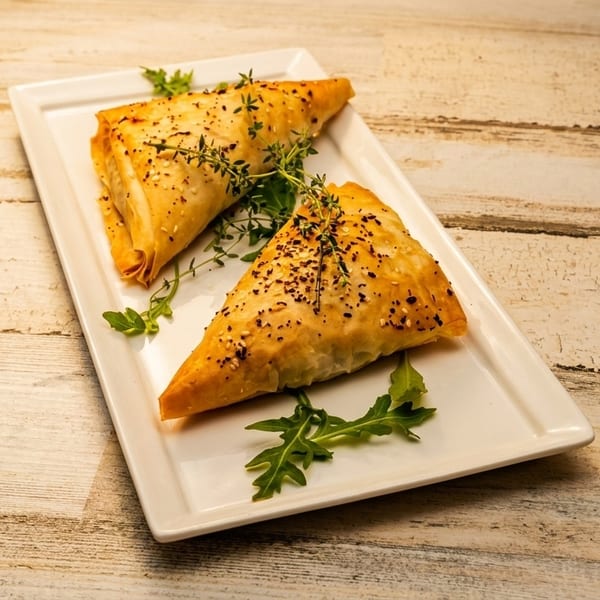 Two golden-brown savory pastries, garnished with herbs, on a white rectangular plate.