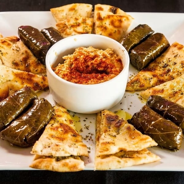 A white square plate with hummus, grape leaves, and pita bread on a black tablecloth.