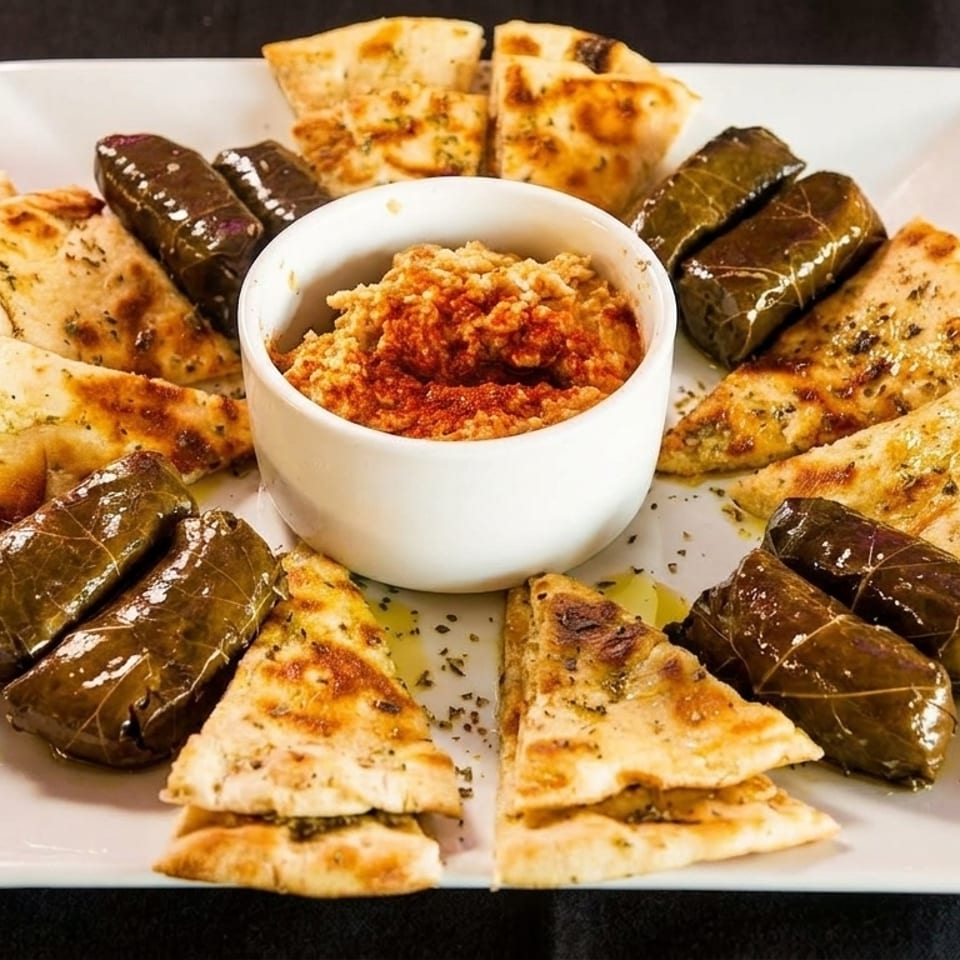 A white square plate with hummus, grape leaves, and pita bread on a black tablecloth.